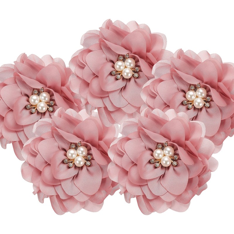 3.15 Inch Rhinestone Chiffon Flower, 5 Pcs Fabric Appliques, Dark Pink