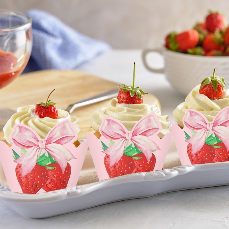 36PCS Pink Bow Strawberry Cupcake Wrappers Decorative Dessert Holders for Party gallery