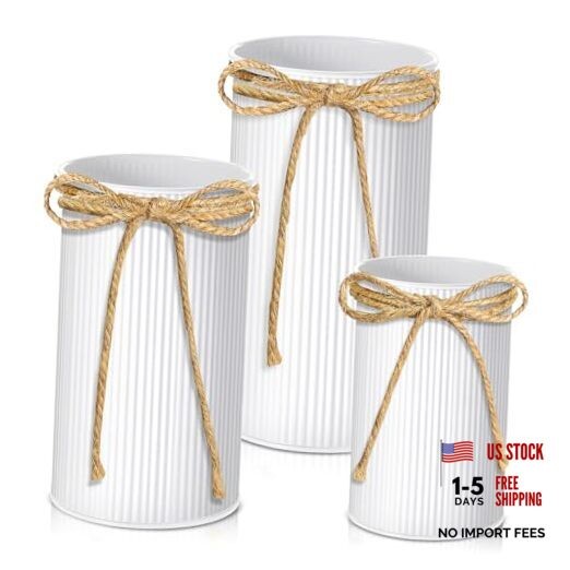 Zonon Pcs Farmhouse Vase Decor with Twine Bow 4.” Galvanized Flower 3 White