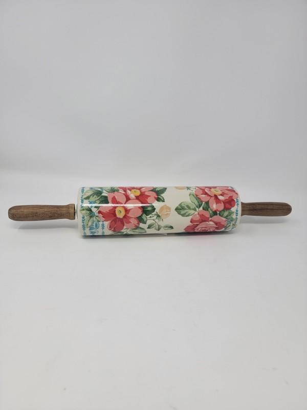 Pioneer Woman Vintage Floral Ceramic Rolling Pin Wood Handles Retired 2812DMT