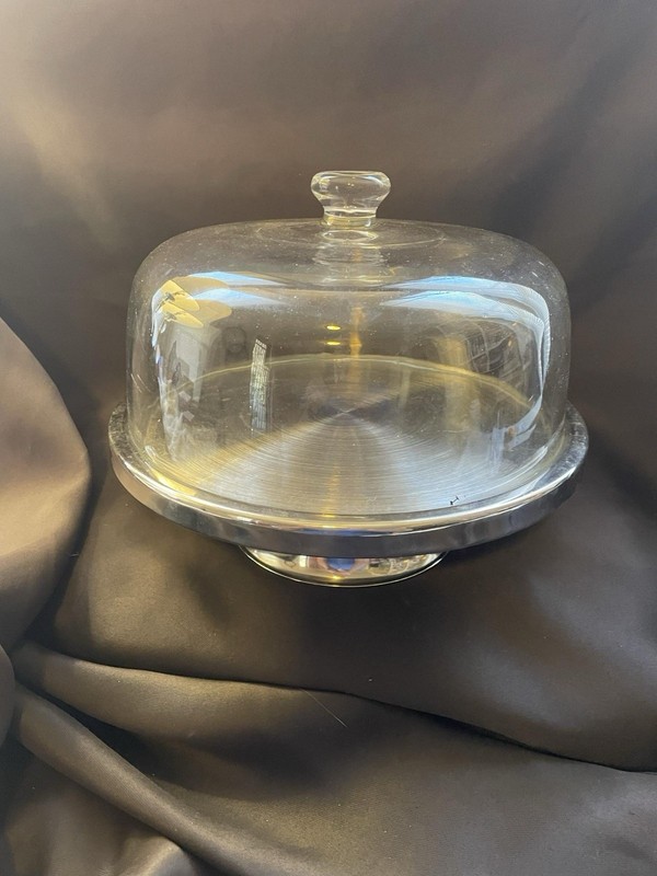 Vintage Silver Plated Cake Display Stand Pedestal Base Heavy Glass Cover A3