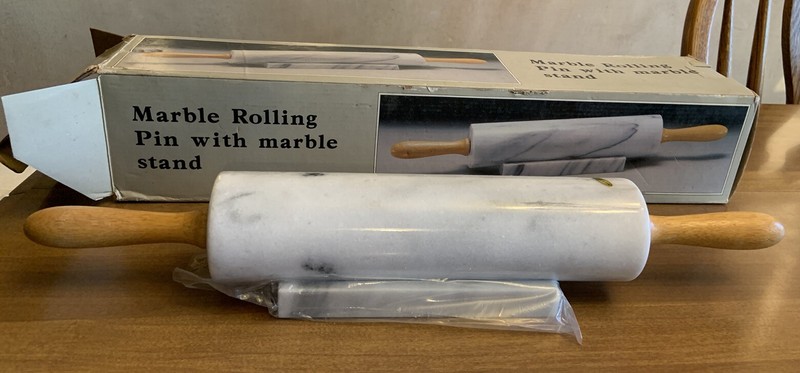 New VINTAGE MARBLE GOURMET ROLLING PIN with WOOD HANDLES