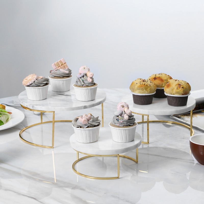 Modern White Marble Cake Stands, Brass Metal Cupcake Pedestal Risers, Set of 3 gallery