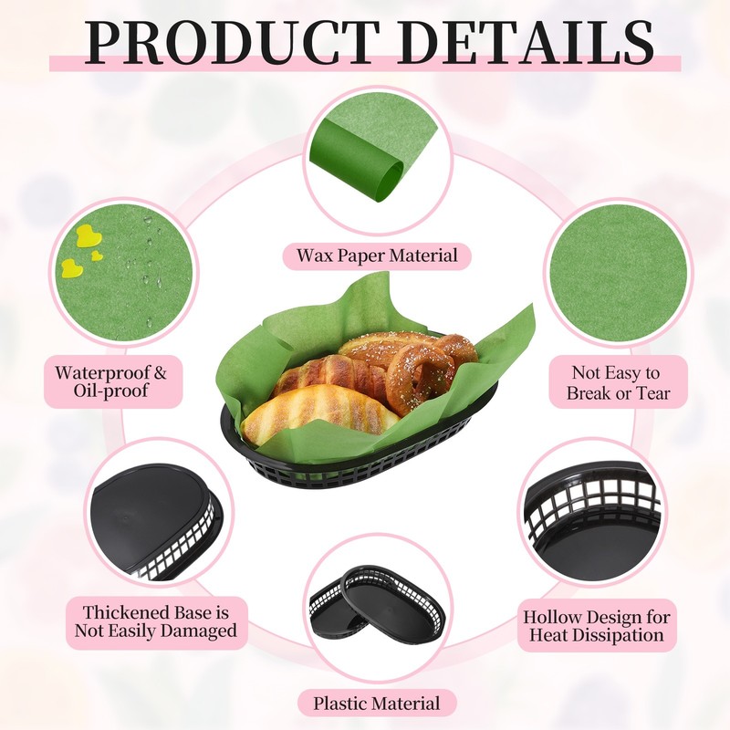 50pcs Solid Color Wax Paper Sheets with 5 Pcs Fast Food Baskets, Grass Green gallery