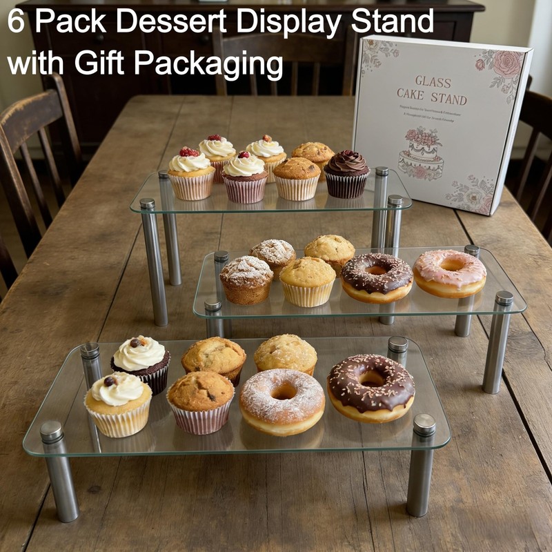 6 Pack Tempered Glass Display Stands Set, 13 Inch Rectangular Cake Cupcake St... gallery
