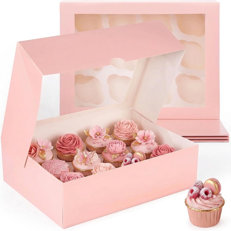 12 Count Cupcake Boxes, 6PCS 13.2×9.8x4Inches Pink Cupcake Container with Win…