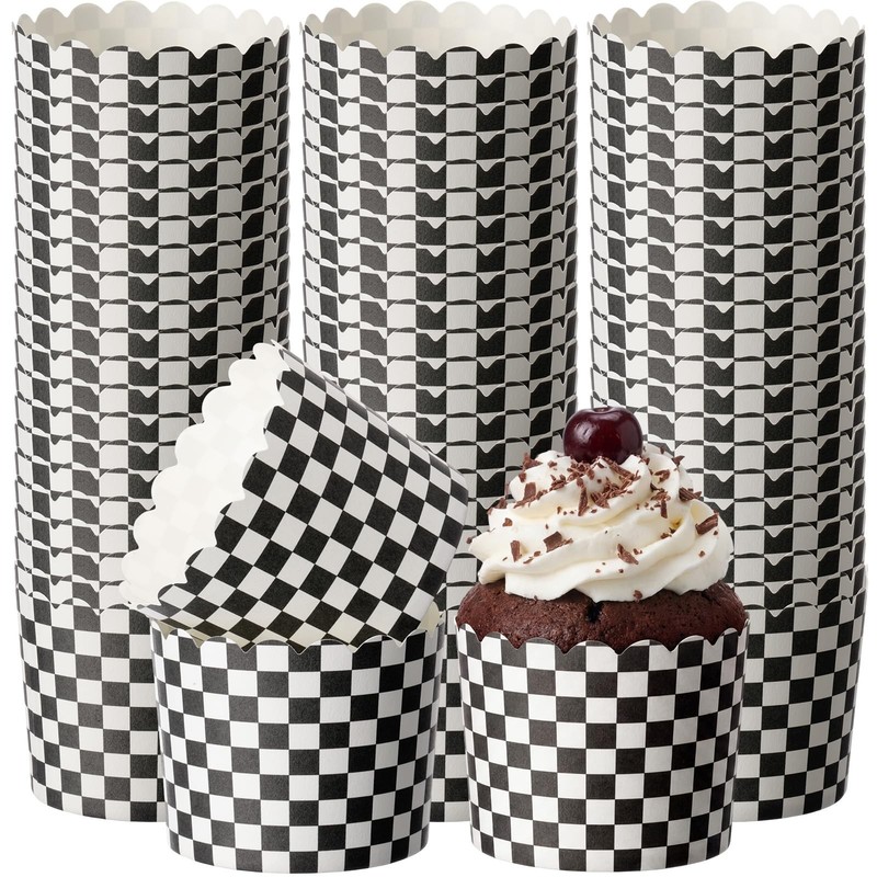 150 Pcs Race Car Checkered Cupcake Wrappers Liners Black and White Baking Cup…
