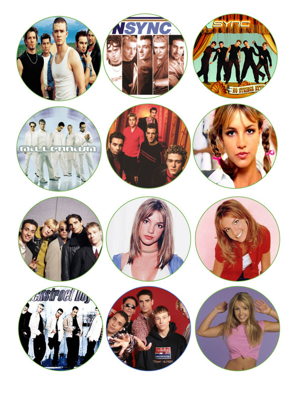 12 90’s/2000s boy bands, Britney Spears, edible paper, cupcake cookie toppers