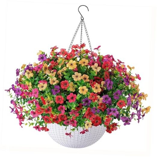 Artificial Faux Hanging Plants Flowers Basket for Outdoor Outside Mixed Color