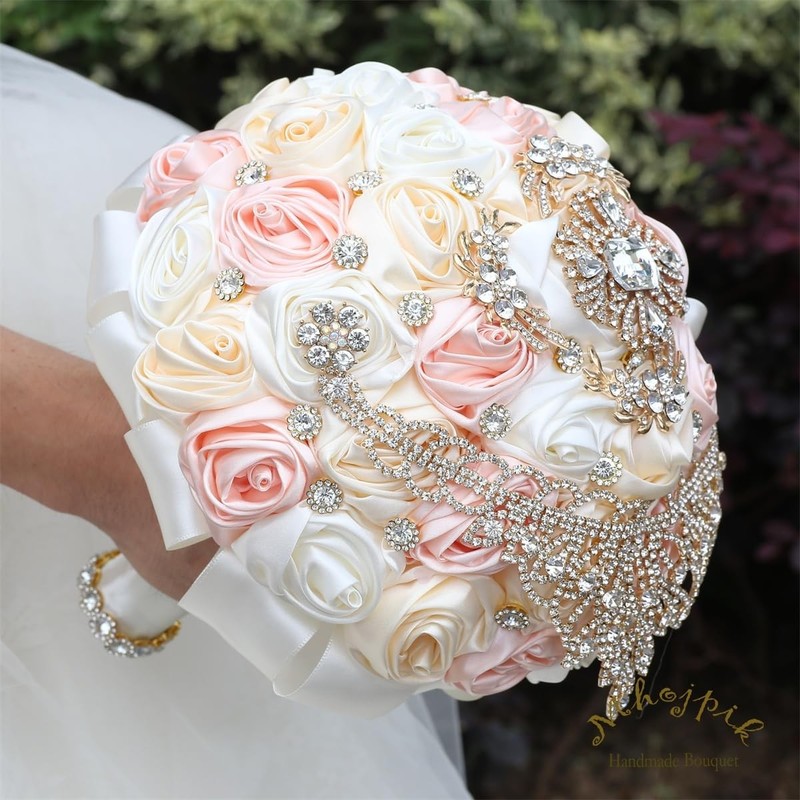 Mhojpik Bridal Wedding Bouquet Round Bling Brooch Holding Bouquet Artificial gallery