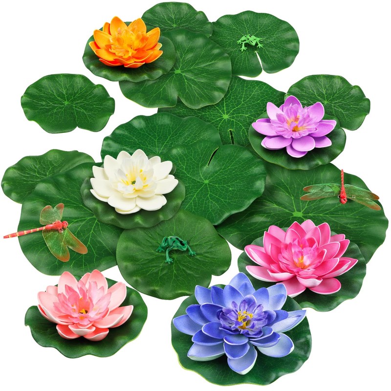 QUOZUO 22 Pack Artificial Floating Foam Lotus Flowers with Colorful