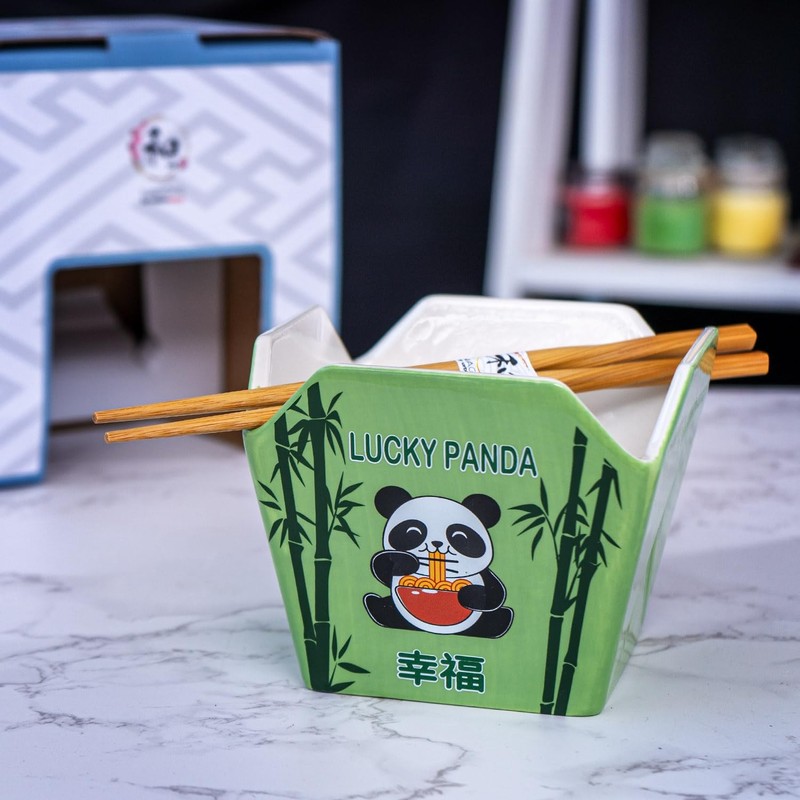 Chinese Takeout Box Style Porcelain Bowl With Chopsticks 18 fl oz Square Shap... gallery