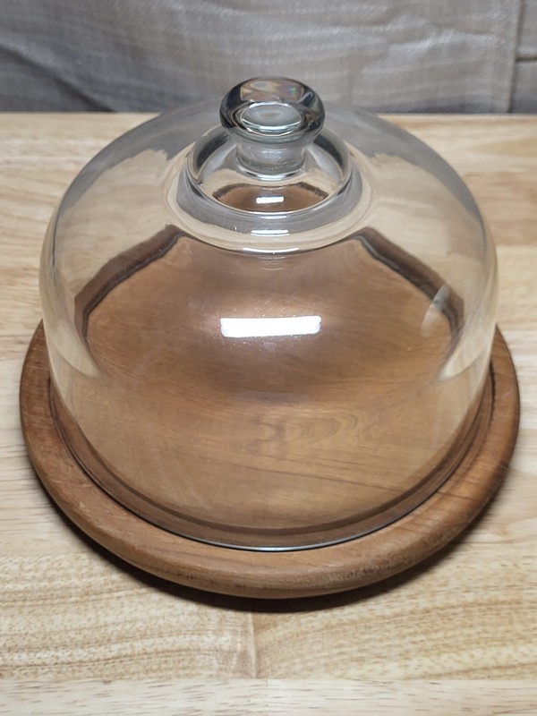 Vintage Goodwood Genuine Teak Wood Cheese Plate With Covered Glass Dome