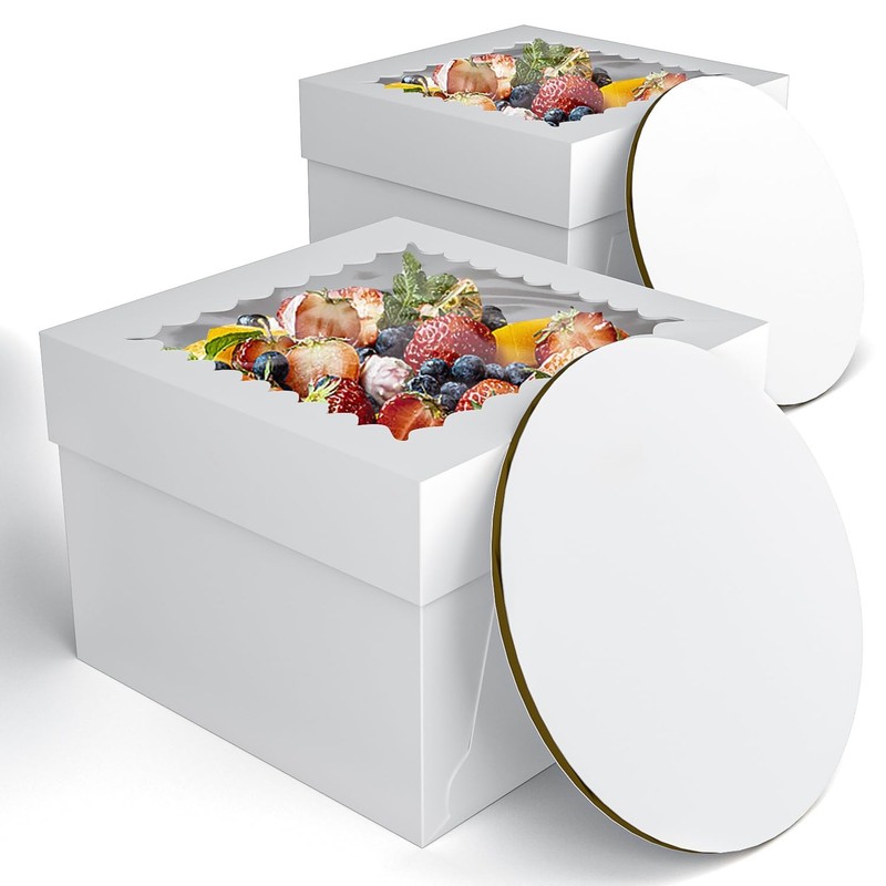 2 Pack 10x10x8 Inch Cake Boxes with Window & Board – For Home Bakers, Birthda…