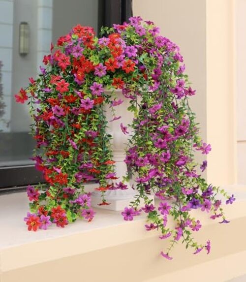 Artificial Hanging Flowers for Outdoors, 4 Pack 4 Pack Light Purple Rose Red