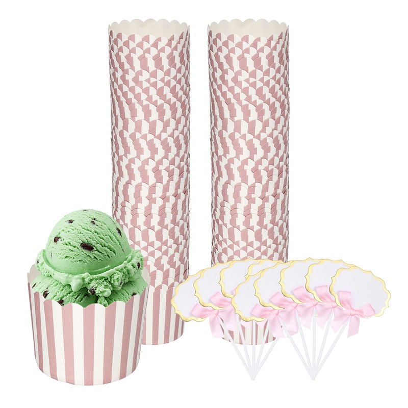 100pcs Paper Baking Cupcake Cups with Handwritten Toppers, Pinstripes&Pink
