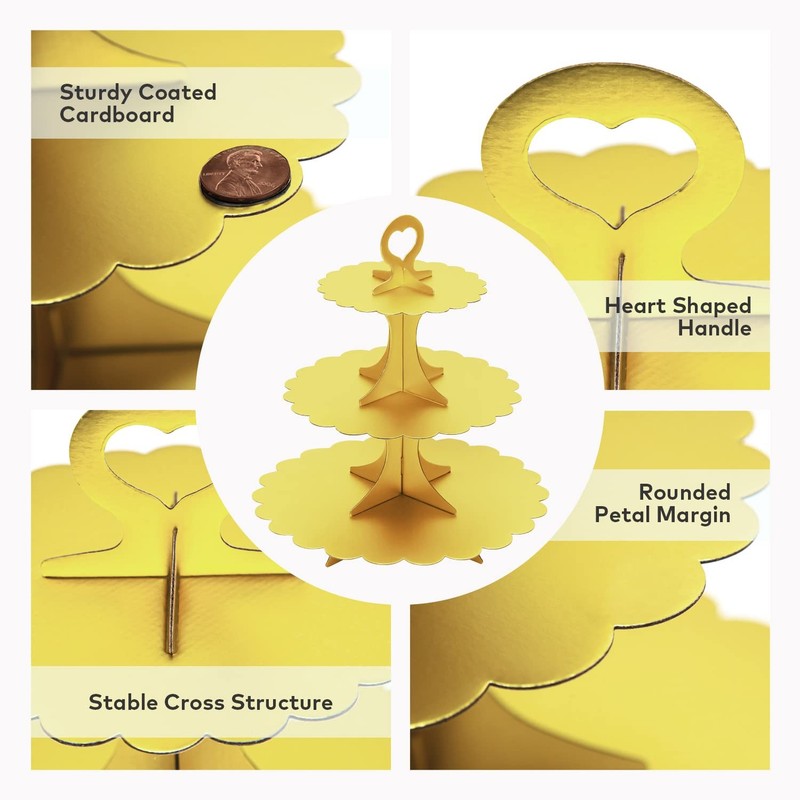 Matte Gold Cupcake Stand, 3-Tier Heart Handle Cardboard Dessert Display Tower gallery