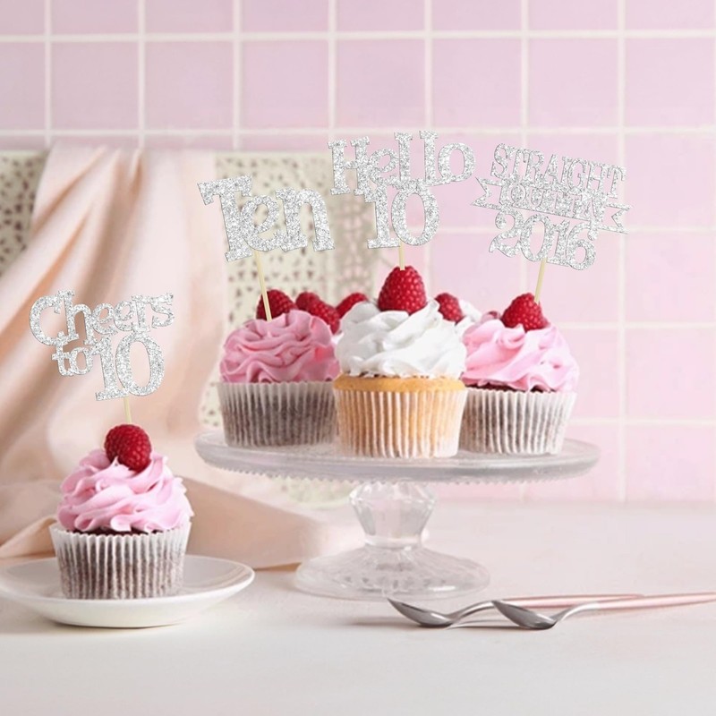 Ephlyn 24Pcs Happy 10th Birthday Cupcake Toppers Glitter Ten Cupcake Picks He... gallery