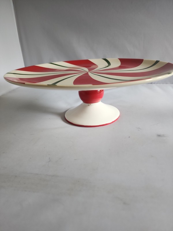 Pier 1 Imports Candy Cane Cake Stand Ceramic Christmas Serving Pie Plate 12" gallery