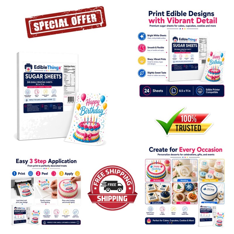24 Pack 8.5×11 Edible Sugar Sheets – Perfect for Cake Decorations and Images