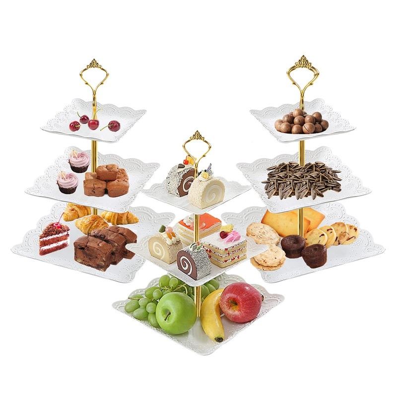 3Pcs White Square 3 Tiered Cake Stands, 3 Tier Serving Tray Cupcake Holder De…