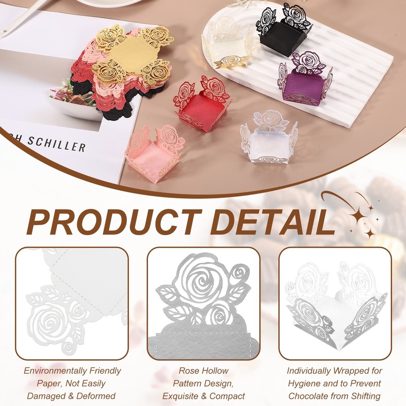 50Pcs 1.4x1.4" Rose Shape Truffle Wrapper Cupcake Liners for Decor, Silver gallery