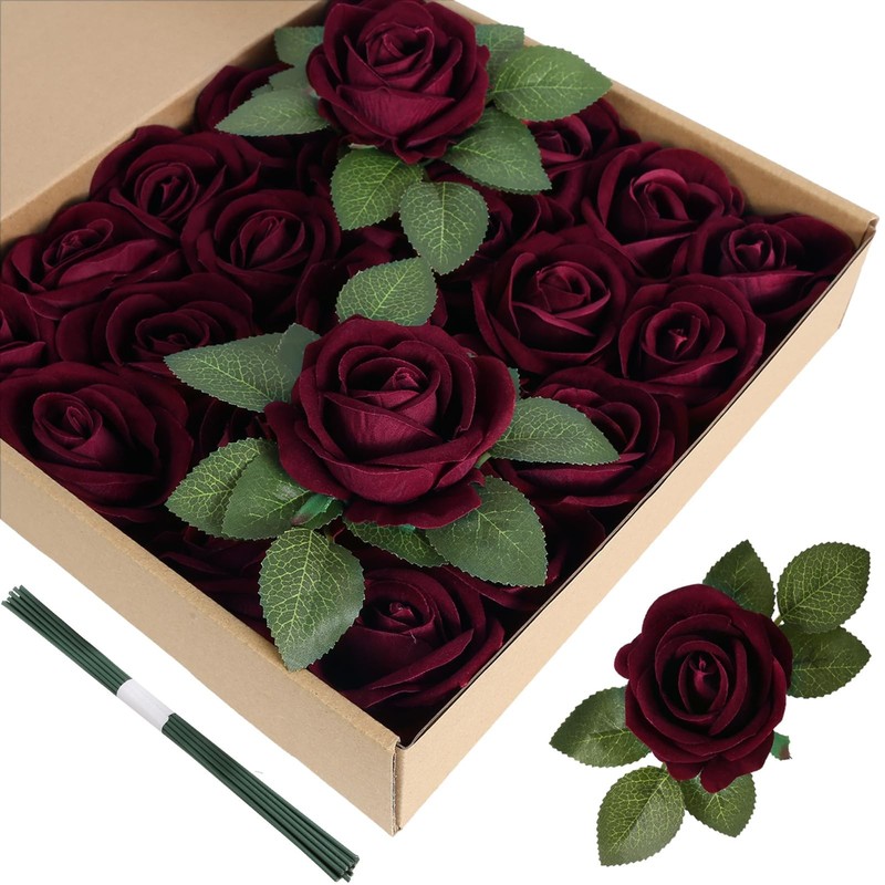 Icbox Burgundy Artificial Flowers Velvet Roses 25 Pcs Real Look Silk Flowers