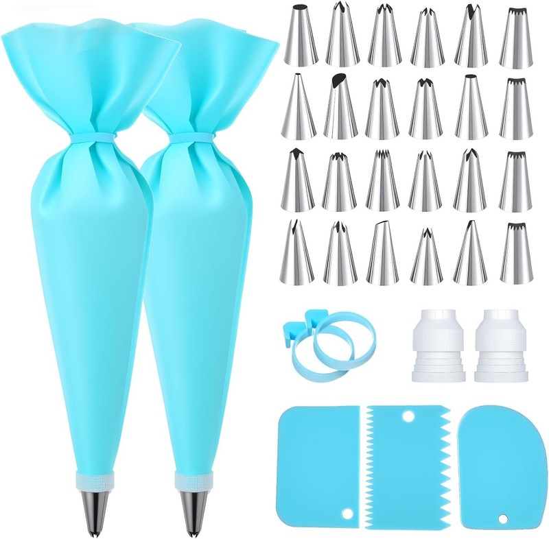 Piping Bags & Tips Reusable Cake Decorating Supplies W/ 2 Piping Bags & 24 Icing
