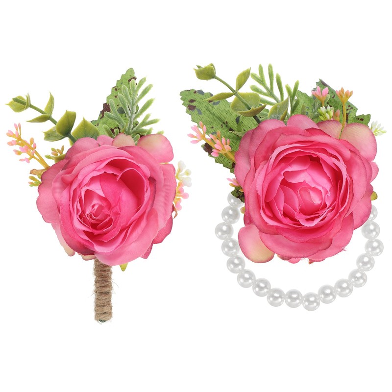 2 Pcs Rose Wrist Corsage and Boutonnieres Set, Wedding Flower Wristlet Rose Pink