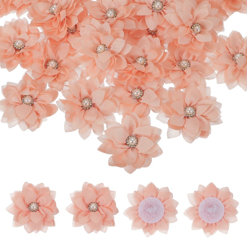 30Pcs 2″ Fabric Flowers Rhinestone Pearls Sewing Fabric Flowers Light Orange