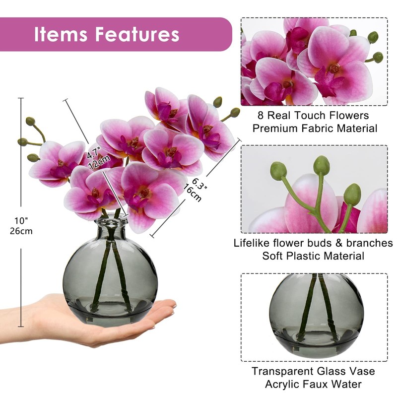 Oairse Pink Artificial Orchid Flowers w/ Black Glass Vase Faux Arrangement 10" gallery