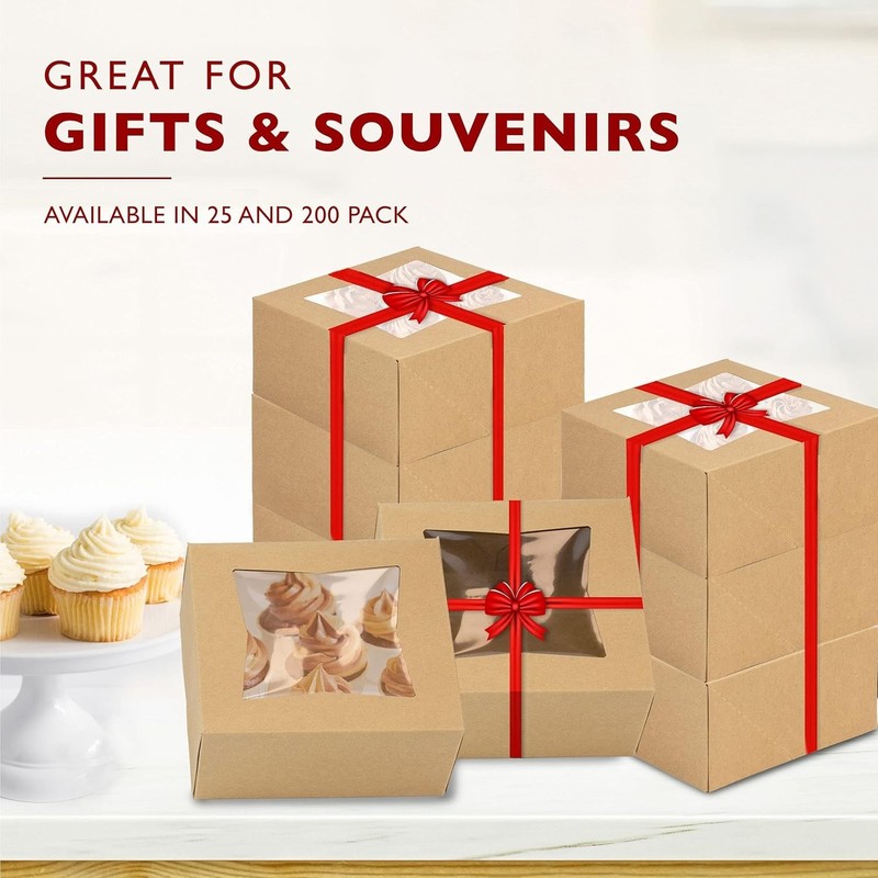 Cookie Boxes with Window, 6x6x3in Brown Bakery Boxes for Treats, Small Cake, ... gallery