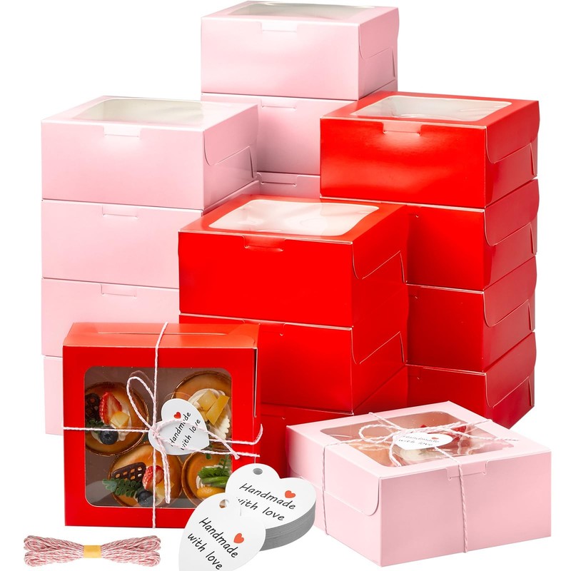 50 Pcs Mother’s Day Bakery Boxes with Window 6x6x3 Inch Pink Red Cookie Treat…
