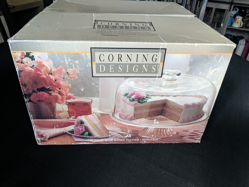 VTG 12 Corning Designs Sentsations glass 2 piece cake dome set 1993 nib jh