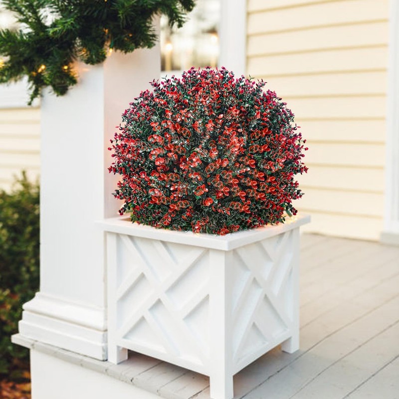 YUGYUM 2 Pack Artificial Red Topiary Ball Trees 24" UV Resistant Faux Boxwood Pl gallery