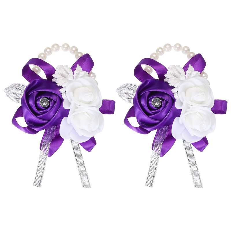 Wrist Corsage Artificial Flower Bracelets Pack of 2 Rose Wrist Purple