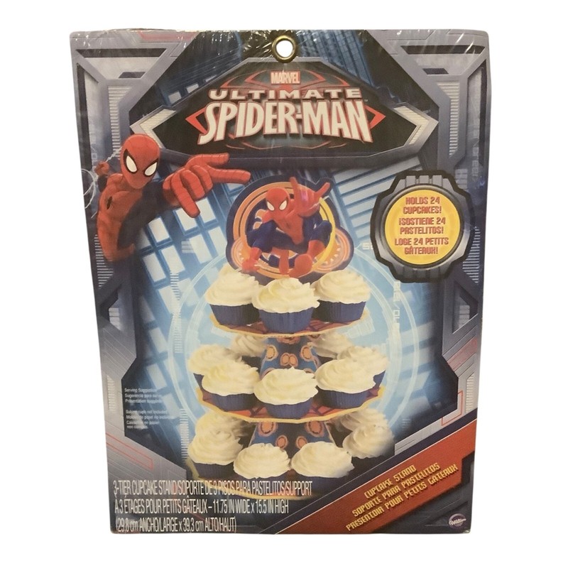 Marvel Spider-Man 3-Tier Cupcake Stand Holds 24 Cupcakes 11.75″ W X 15.5″ H NEW