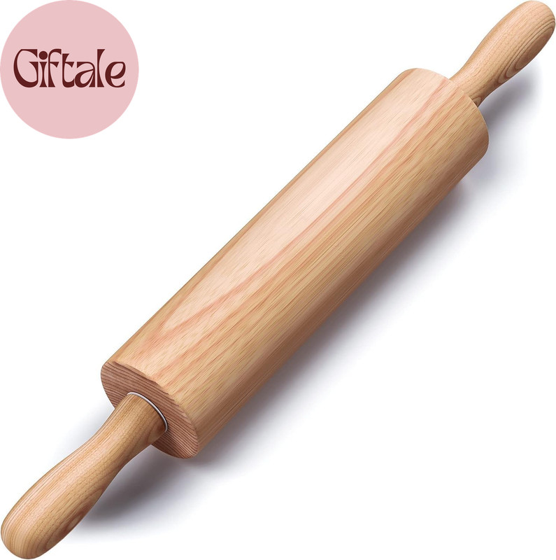 Wooden Rolling Pin 17.6 Inch with Rotating Ergonomic Handles – Classic Beech Woo
