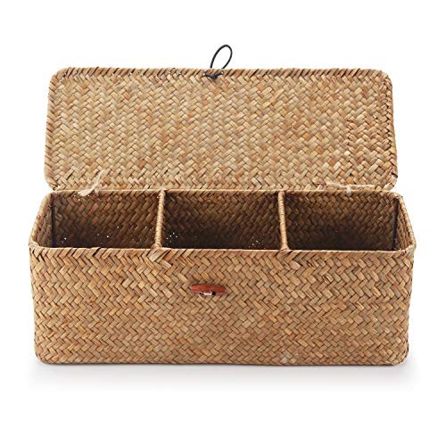 Seagrass Storage Basket with Lid Rectangular Small Woven Natural 3 Sections gallery