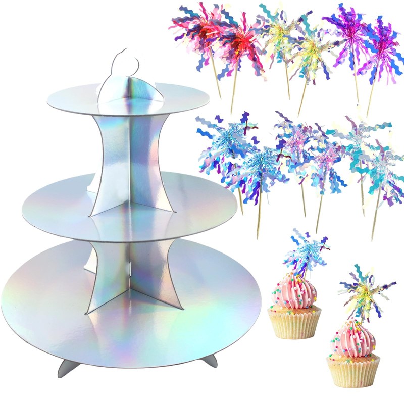 Cupcake Stand Holder with 12 Pcs Glitter Foil Firework with Toppers Decor