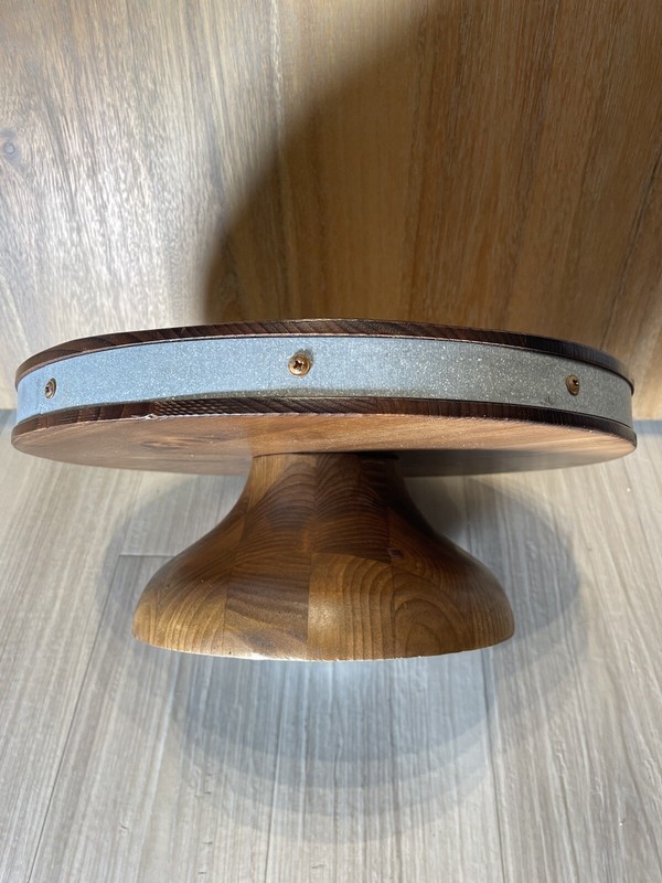 Europe 2 You Wooden Cake Plate Stand with Tin Band Edge 15” x 6” Vintage gallery