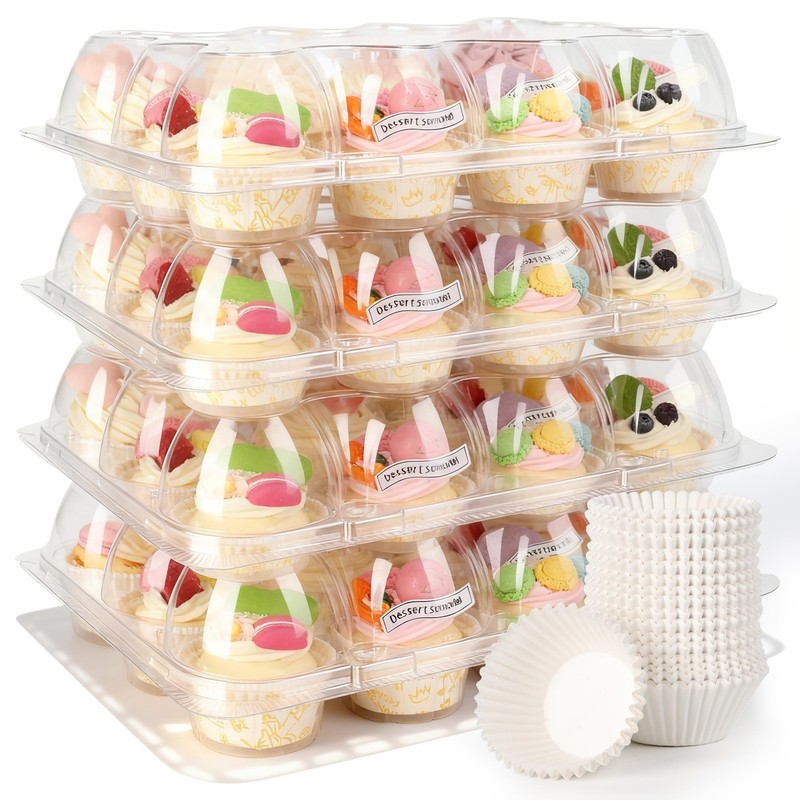 12 Pack Dozen Cupcake Containers with 144 Liners Stackable Cupcake Carrier 12…