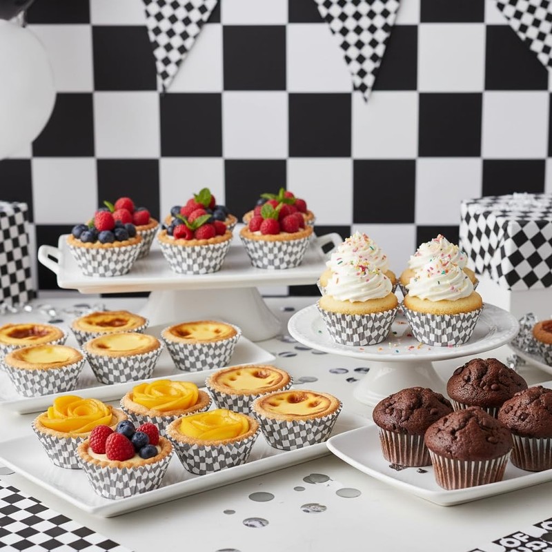 Checkered Cupcake Liners, 100pcs Race Car Cupcake Liners, Black and White Muf... gallery