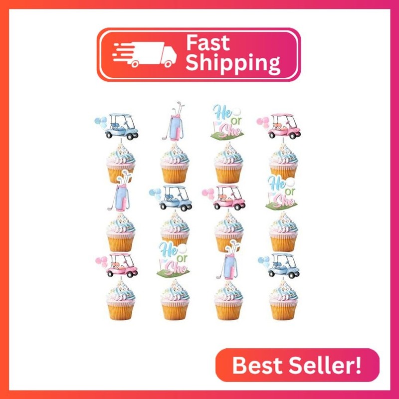Sursurprise 36Pcs Golf Theme Gender Reveal Cupcake Toppers, Blue Pink He or She gallery