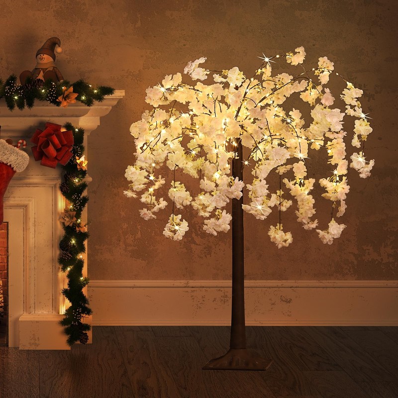 OUSHENG Lighted Cherry Blossom Tree LED Artificial Trees for 4FT, Warm White