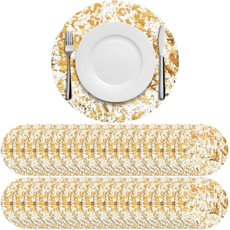 50 Pcs Disposable Gold Placemats Set 13 Inch Round Gold Foil Mesh Pressed Tab...