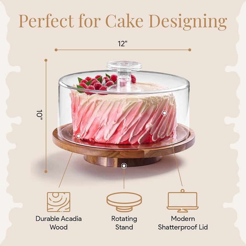 360 Rotating Cake Stand W/ Lid Acacia Wood Display Shatterproof Turntable New gallery