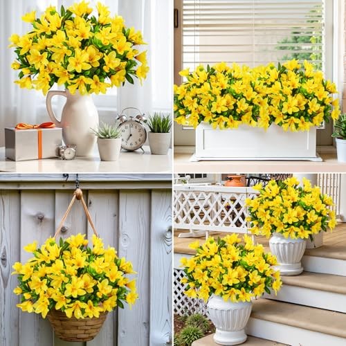 8 Bundles Artificial Flowers for Outdoors, Fake Silk Flowers Azalea Yellow gallery