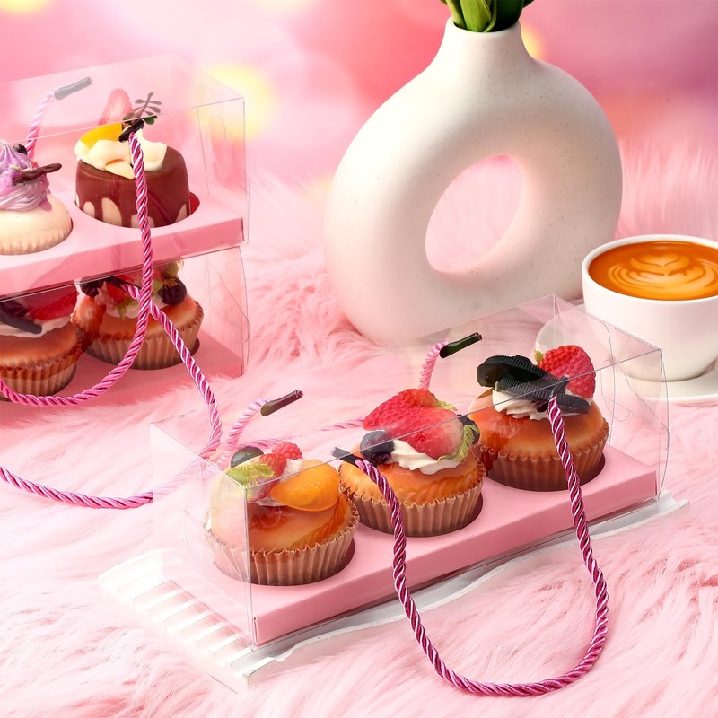 Clear Cupcake Boxes 3 Compartments Pastry Packaging Pink 9x3x3 Inch 40 PCS gallery