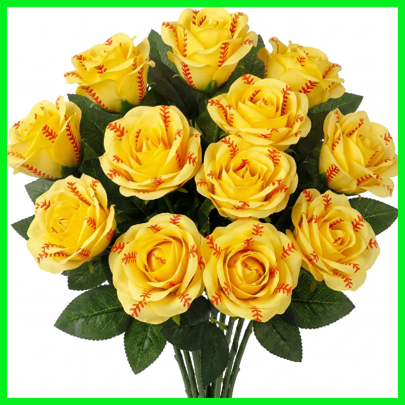 Hotop 12 Pcs Bloom Softball Roses Leaves Artificial Yellow Rose Bouquet For